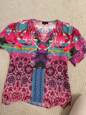 Hale Bob Pink Teal Multicolor Floral & Paisley V-Neck Top